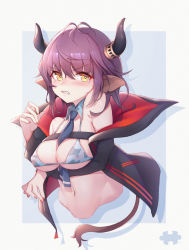 Rule 34 | 1girl, absurdres, arknights, bare shoulders, bikini, black jacket, blue background, blue necktie, blush, breast hold, breasts, clenched teeth, cropped torso, detached collar, drop shadow, grey bikini, hair between eyes, hand up, highres, horns, jacket, looking at viewer, medium breasts, nail polish, navel, necktie, off shoulder, pink nails, purple hair, saw272, short hair, sideroca (arknights), solo, stomach, swimsuit, tail, teeth, two-tone background, upper body, v-shaped eyebrows, white background, yellow eyes