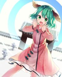 Rule 34 | 1girl, :d, akizuki haruhi, animal ears, blurry, blurry background, commentary request, dress, fangs, feet out of frame, gate, green eyes, green hair, hands up, kasodani kyouko, long sleeves, looking at viewer, open mouth, outdoors, petticoat, pink dress, puffy sleeves, short hair, smile, solo, standing, touhou
