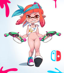 Rule 34 | 1girl, artist name, bare arms, bare shoulders, bottomless, bra strap, breasts, cleft of venus, collarbone, domino mask, female focus, full body, gluteal fold, gradient background, grin, holding, holding weapon, ink, inkling player character, logo, looking at viewer, mask, navel, nintendo, nl7, orange hair, pussy, sharp teeth, shirt, shoe soles, shoes, small breasts, smile, solo, splatoon (series), teeth, tentacle hair, torn clothes, uncensored, walking, weapon, white shirt