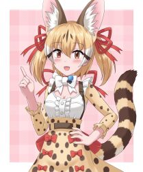 Rule 34 | 1girl, animal ears, belt, bow, bowtie, brown eyes, brown hair, cat ears, cat girl, cat tail, extra ears, highres, kemono friends, kemono friends v project, large-spotted genet (kemono friends), long hair, looking at viewer, microphone, pink background, ribbon, shirt, simple background, skirt, solo, suspenders, tail, touki ag, virtual youtuber