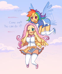 Rule 34 | angel (my little pony), animal print, breasts, cameo, cloud, english text, flapping, fluttershy, flying, green eyes, hinohimesan, large breasts, long hair, multicolored hair, my little pony, my little pony: friendship is magic, one eye closed, open mouth, panties, pantyshot, personification, pink hair, print panties, rabbit panties, rabbit print, rainbow dash, rainbow hair, red eyes, scared, sparkle, thighhighs, underwear, upskirt, wind, wings