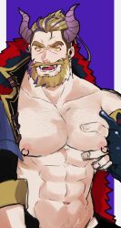 Rule 34 | 1boy, abs, absurdres, bara, beard, bergamond (crave saga), chest hair, collarbone, colored sclera, crave saga, demon horns, elbow gloves, eyebrow cut, facial hair, fingerless gloves, gloves, grabbing, highres, horns, jewelry, large pectorals, long hair, looking at viewer, male focus, mature male, multicolored hair, muscular, muscular male, naughty face, navel hair, nipple piercing, nipple rings, official alternate costume, open clothes, pectoral grab, pectorals, piercing, ponytail, purple background, purple hair, smile, solo, thick eyebrows, thick mustache, tongue, tongue out, two-tone hair, unfinished, usuki (usukine1go), yellow eyes, yellow sclera