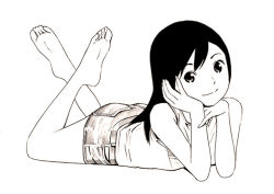 Rule 34 | 1girl, bare arms, bare legs, bare shoulders, barefoot, black hair, denim, denim skirt, feet, full body, hand on own face, lineart, long hair, looking at viewer, lying, monochrome, on stomach, original, shorts, simple background, sketch, skirt, smile, soles, solo, tank top, toes, traditional media, white background, yoshitomi akihito