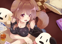 Rule 34 | 1girl, 54hao, :3, :d, animal, animal ears, animal print, black shirt, blue shorts, bone print, braid, breasts, brown eyes, brown hair, checkered pillow, cleavage, clothing cutout, collarbone, cup, dog, dog ears, dog girl, dog print, dog tail, drink, drinking glass, eyes visible through hair, fangs, futo-inu, hair over shoulder, highres, hololive, hoso-inu, inugami korone, inugami korone (loungewear), large breasts, long hair, looking away, looking to the side, low twintails, open mouth, pencil, pillow, print shirt, shirt, shorts, shoulder cutout, smile, table, tail, tongue, tongue out, translation request, twin braids, twintails, virtual youtuber