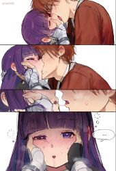 Rule 34 | 1boy, 1girl, artist name, blush, breasts, closed eyes, coat, comic, dress, english text, enn matien, fern (sousou no frieren), french kiss, highres, kiss, large breasts, looking at viewer, pov, purple eyes, purple hair, red hair, ribbed dress, saliva, short hair, sidelocks, signature, sousou no frieren, speech bubble, stark (sousou no frieren)