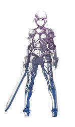 Rule 34 | armor, breastplate, faulds, full armor, full body, gauntlets, greyscale, holding, holding sword, holding weapon, isono wataru, knight, leg armor, looking at viewer, monochrome, original, pauldrons, plate armor, short hair, shoulder armor, simple background, standing, sword, weapon, white background