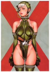 Rule 34 | 1girl, arms at sides, border, breasts, cowboy shot, elbow gloves, expressionless, eyepatch, gloves, green eyes, green gloves, green headwear, green leotard, green thighhighs, gun, handgun, helmet, highres, holster, holstered, large breasts, leotard, looking away, revolver, thighhighs, traditional media, tsukasa jun, weapon, white hair
