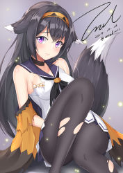Rule 34 | 1girl, alternate costume, animal ears, arm at side, armpit peek, bag, bare shoulders, black hair, black pantyhose, blush, bra, bra peek, choker, closed mouth, collarbone, copyright name, damaged, dated, dress, girls&#039; frontline, grey background, hair flaps, hairband, long hair, looking at viewer, official alternate costume, pantyhose, purple eyes, sailor dress, signature, simple background, sitting, sleeveless, sleeveless dress, smile, super sass (girls&#039; frontline), super sass (wolf walker) (girls&#039; frontline), tail, tareme, tearing up, tears, torn clothes, torn dress, torn legwear, tree, twitter username, underwear, unel1211, weapon, white bra, white dress