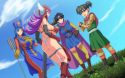 Rule 34 | 4girls, arm up, armor, ass, bikini armor, black hair, blue dress, blue eyes, blue hair, boots, breasts, brown eyes, cape, chinese clothes, closed mouth, cloud, day, dragon quest, dragon quest iii, dress, feet, fighter (dq3), from behind, full body, gloves, hand on own chest, happy, hat, highres, huracan, inja no kuruwa, large breasts, legs, long hair, looking at another, mitre, multiple girls, open mouth, outdoors, priest (dq3), purple hair, red eyes, roto (dq3), short hair, skin tight, sky, smile, soldier (dq3), square enix, staff, standing, sword, tabard, thighhighs, thighs, thong, twintails, weapon, zettai ryouiki