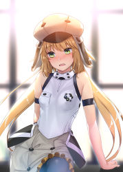 Rule 34 | 1girl, armband, artoria caster (fate), artoria caster (first ascension) (fate), artoria pendragon (fate), bare shoulders, blonde hair, blush, breasts, buttons, commentary request, dress, fate/grand order, fate (series), green eyes, grey hat, hat, highres, indoors, long hair, low twintails, nonderi, open mouth, pocket, sleeveless, small breasts, solo, twintails, very long hair, window