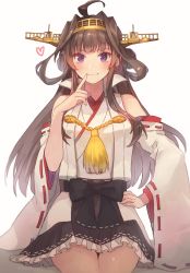 Rule 34 | 1girl, ahoge, black skirt, blush, boots, breasts, brown hair, commentary request, detached sleeves, double bun, finger to mouth, hair bun, hairband, hakama, hakama short skirt, hakama skirt, hand on own hip, headgear, highres, japanese clothes, kantai collection, kasumi (skchkko), kongou (kancolle), kongou kai ni (kancolle), long hair, medium breasts, pleated skirt, popped collar, ribbon-trimmed sleeves, ribbon trim, shadow, simple background, sitting, skirt, solo, thigh boots, thighhighs, white background