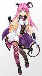 Rule 34 | 1girl, alternate costume, asymmetrical legwear, blonde hair, blush, breasts, clenched hand, colored inner hair, commentary, demon girl, demon horns, demon tail, english commentary, gradient background, green eyes, headphones, headphones around neck, highres, holding, holding microphone, holding with tail, hololive, horns, idol clothes, kobi (piliheros2000), looking at viewer, mano aloe, medium breasts, microphone, multicolored hair, open hand, pink hair, pointy ears, prehensile tail, smile, solo, sparkle hair ornament, tail, thighhighs, uneven legwear, virtual youtuber