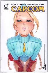Rule 34 | 1girl, blonde hair, blue eyes, braid, breasts, cammy white, hat, heart, heart-shaped pupils, highres, incoming kiss, leotard, lips, long sleeves, medium breasts, necktie, omar dogan, street fighter, street fighter zero (series), symbol-shaped pupils, udon entertainment, white background