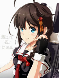 Rule 34 | 1girl, ahoge, artist name, black gloves, black shirt, blue eyes, blush, bow, braid, breasts, brown hair, closed mouth, collarbone, fingerless gloves, gloves, grey background, hair bow, hair flaps, hair over shoulder, kantai collection, long hair, looking at viewer, neckerchief, nolia, red bow, red neckerchief, rigging, shigure (kancolle), shigure kai ni (kancolle), shirt, short sleeves, signature, simple background, single braid, small breasts, smile, solo, translation request, upper body