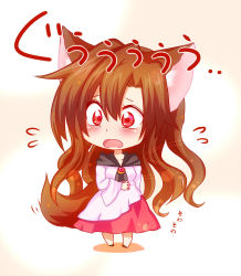 Rule 34 | 1girl, animal ears, blush, brooch, brown hair, chibi, collarbone, dress, highres, imaizumi kagerou, jewelry, long hair, looking away, open mouth, red eyes, simple background, solo, tail, totoharu (kujirai minato), touhou, translation request, white background, wolf ears, wolf tail