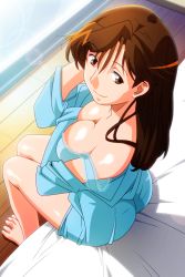 Rule 34 | 1girl, ass, barefoot, breasts, brown eyes, brown hair, cleavage, from above, hand to head, kurihara mari, large breasts, lens flare, long hair, looking at viewer, non-web source, official art, on bed, perspective, photoshop (medium), shiny skin, sitting, smile, solo, strap slip, super real mahjong, tanaka ryou, wooden floor