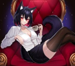 Rule 34 | 1girl, absurdres, akame (vtuber), animal ear fluff, animal ears, antenna hair, artist name, black hair, black skirt, black thighhighs, breasts, button gap, cleavage, closed mouth, collarbone, collared shirt, colored inner hair, commission, cup, dress shirt, evangellium, fox ears, fox tail, hair between eyes, highres, holding, holding cup, indie virtual youtuber, light blush, long sleeves, looking at viewer, medium breasts, multicolored hair, partially unbuttoned, pencil skirt, red eyes, red hair, shirt, short hair, skirt, solo, tail, teacup, thighhighs, throne, virtual youtuber, white shirt, wing collar