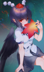 Rule 34 | 1girl, abstract background, bird wings, black hair, black ribbon, black skirt, black wings, breasts, buttons, collared shirt, commentary request, covering own mouth, dqn (dqnww), feathered wings, hand fan, hand up, hat, hauchiwa, highres, holding, holding fan, leaf, maple leaf, miniskirt, neck ribbon, pointy ears, pom pom (clothes), puffy short sleeves, puffy sleeves, red eyes, red hat, ribbon, ribbon trim, shameimaru aya, shirt, short hair, short sleeves, skirt, small breasts, smirk, solo, tengu, tokin hat, touhou, white shirt, wing collar, wings