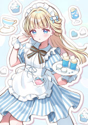 Rule 34 | 1girl, absurdres, apron, blonde hair, blue bow, blue eyes, blue theme, blush, bow, cat hair ornament, cowboy shot, cup, cupcake, dot nose, dress, food, food-themed background, frilled apron, frills, hair bow, hair ornament, hairband, highres, holding, holding tray, ice cream, ice cream float, long hair, looking at viewer, macaron, multicolored bow, name tag, nekoyashiki yuki, parted lips, precure, shuu (mniarnoakou), solo, striped bow, striped clothes, striped dress, teacup, tray, vertical-striped clothes, vertical-striped dress, waitress, white apron, white hairband, white wrist cuffs, wonderful precure!, wrist cuffs