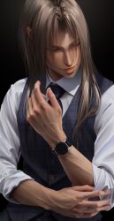 Rule 34 | 1boy, absurdres, alternate costume, black background, closed eyes, closed mouth, collared shirt, commentary, english commentary, final fantasy, final fantasy vii, final fantasy vii remake, grey hair, grey vest, hair over shoulder, highres, long hair, male focus, necktie, parted bangs, parted lips, purple necktie, realistic, safaia, sephiroth, shirt, sleeves rolled up, solo, upper body, vest, watch, white shirt, wristwatch
