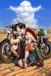 Rule 34 | 1boy, absurdres, arm tattoo, bag, black hair, boots, cloud, cloudy sky, edward newgate, facial hair, freckles, heo sung-moo, highres, jewelry, knife, looking at viewer, monkey d. luffy, motor vehicle, motorcycle, mountain, muscular, muscular male, mustache, necklace, one piece, pearl necklace, portgas d. ace, red eyes, sand, shorts, skull, sky, smile, squatting, tattoo, vaina, veins