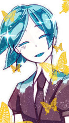 Rule 34 | 1other, androgynous, aqua hair, blue hair, bug, butterfly, colored eyelashes, crystal hair, closed eyes, gem uniform (houseki no kuni), happy, highres, houseki no kuni, insect, necktie, open mouth, phosphophyllite, short hair, smile, solo, upper body, yellow butterfly