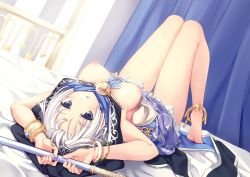 Rule 34 | 1girl, :o, anklet, bad id, bad pixiv id, bare shoulders, barefoot, bed, bed sheet, blue eyes, bracelet, breasts, curtains, dutch angle, eyebrows, feet, full body, highres, indoors, jewelry, knees up, large breasts, looking at viewer, lying, makuri, nipples, on back, on bed, original, parted lips, silver hair, soles, solo, staff, upside-down