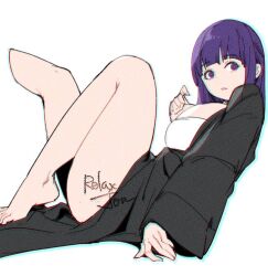 Rule 34 | 1girl, black jacket, breasts, fern (sousou no frieren), hime cut, huge breasts, jacket, long hair, open clothes, open jacket, parted lips, purple eyes, purple hair, relaxjon, signature, simple background, solo, sousou no frieren, thick thighs, thighs, white background