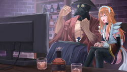 Rule 34 | 1boy, 1girl, :o, akito1218, alcohol, black gloves, black hakama, black thighhighs, blue eyes, bookshelf, breasts, brick wall, card, cleavage, commission, controller, cosplay, cup, drinking glass, game controller, gloves, hakama, highres, ice, ice cube, indoors, iroha (samurai spirits) (cosplay), japanese clothes, long hair, maid, maid headdress, mask, open mouth, orange hair, original, pelvic curtain, plague doctor mask, playing card, raised fists, samurai spirits, shot glass, sitting, skeb commission, small breasts, television, thighhighs, whiskey