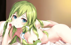 Rule 34 | 1girl, absurdres, arm behind back, artist request, bad id, bad pixiv id, bed, bed sheet, blue eyes, breasts, convenient censoring, coupy pencil (medium), eien no juu nana-sai, frog hair ornament, green hair, hair ornament, hair tubes, highres, index finger raised, indoors, kochiya sanae, long hair, looking at viewer, lying, medium breasts, nude, on stomach, smile, snake hair ornament, solo, touhou, wall