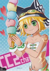 Rule 34 | 1girl, artist request, bare shoulders, blonde hair, blush, cyberconnect2, drooling, food, forest, green eyes, hat, heart, highres, ice cream, nature, navel, neptune (series), scan, short hair, smile, solo, tail