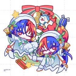 1boy 1girl alear_(female)_(fire_emblem) alear_(female)_(gifted_dragons)_(fire_emblem) alear_(fire_emblem) alear_(male)_(gifted_dragons)_(fire_emblem) blue_eyes christmas crossed_bangs fire_emblem fire_emblem_engage fire_emblem_heroes gn0080_666 heterochromia highres multicolored_hair nintendo official_alternate_costume red_eyes red_hair sommie_(fire_emblem)