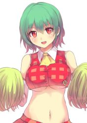 Rule 34 | 1girl, :d, adapted costume, ascot, bare shoulders, blush, breasts, buttons, cheerleader, crop top, crop top overhang, culter, elbow gloves, flower, gloves, green hair, groin, kazami yuuka, large breasts, looking at viewer, navel, open mouth, plaid, plaid skirt, plaid vest, pom pom (cheerleading), red eyes, short hair, simple background, skirt, smile, solo, sunflower, touhou, twitter username, underboob, upper body, white background, white gloves