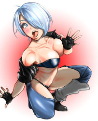 Rule 34 | 1girl, angel (kof), bare shoulders, black gloves, blue eyes, boots, bra, breasts, chaps, cleavage, collarbone, commentary request, fingerless gloves, full body, gloves, hair over one eye, highres, jacket, large breasts, leather, leather jacket, leg warmers, off-shoulder jacket, off shoulder, on one knee, pleasure-treasure, short hair, silver hair, snk, solo, strapless, strapless bra, the king of fighters, thighs, tongue, tongue out, underwear