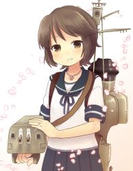 Rule 34 | 10s, 1girl, black hair, brown eyes, gradient background, grin, jewelry, kantai collection, koyoshi yoko, lock, machinery, miyuki (kancolle), necklace, ring, short hair, smile, solo, turret, wedding band