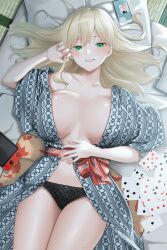 Rule 34 | 1girl, absurdres, ace (playing card), ace of clubs, black panties, blonde hair, bow, bow panties, breasts, breasts apart, card, cellphone, club (shape), collarbone, five of clubs, five of diamonds, futon, green eyes, hand on own stomach, highres, large breasts, long hair, lying, navel, nintendo switch, on back, open clothes, open robe, original, panties, parted lips, phone, pillow, playing card, red ribbon, ribbon, robe, rushian, seven of hearts, six of clubs, smartphone, solo, tatami, three of clubs, three of spades, two of clubs, underwear