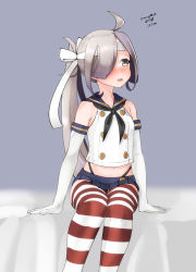 Rule 34 | 1girl, ahoge, asashimo (kancolle), black panties, blue sailor collar, blue skirt, blush, commentary request, cosplay, crop top, dress, elbow gloves, feet out of frame, gloves, grey background, grey eyes, hair over one eye, head tilt, headband, highleg, highleg panties, highres, kantai collection, long hair, looking at viewer, maru (marg0613), microskirt, miniskirt, nose blush, one-hour drawing challenge, panties, pleated dress, ponytail, sailor collar, shimakaze (kancolle), shimakaze (kancolle) (cosplay), silver hair, simple background, skirt, solo, striped clothes, striped thighhighs, thighhighs, underwear, white gloves, white headband