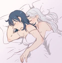Rule 34 | 2girls, bare shoulders, bed sheet, blanket, blue hair, blush, breasts, byleth (female) (fire emblem), byleth (fire emblem), cleavage, commentary request, couple, edelgard von hresvelg, fire emblem, fire emblem: three houses, from above, from side, hair between eyes, lying, multiple girls, nintendo, on side, pillow, riromomo, sleeping, upper body, white hair, yuri