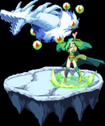 Rule 34 | 1990s (style), 1girl, boots, breasts, cape, cleavage, detached sleeves, final fantasy, final fantasy iv, full body, green hair, large breasts, leotard, long hair, lowres, mist dragon, pixel art, rydia (ff4), solo, summoning, thighhighs, transparent background, warabin (suteki denpun)