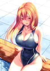 Rule 34 | 1girl, arm support, black one-piece swimsuit, blush, breasts, bush, cleavage, collarbone, commentary request, competition swimsuit, covered erect nipples, curvy, dated, hair between eyes, highres, huge breasts, kaede acer, large breasts, long hair, looking at viewer, nail polish, one-piece swimsuit, open mouth, orange hair, original, pool, red eyes, signature, sitting, solo, swimsuit, thighs, tile floor, tiles, wet, wide hips