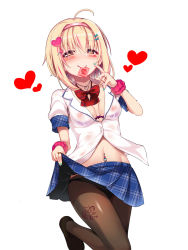 Rule 34 | 1girl, ahoge, alternate hair color, black footwear, black panties, blonde hair, blue bow, blue nails, blue skirt, blush, bow, bowtie, bra, breasts, brown eyes, brown pantyhose, closed mouth, clothes lift, condom, condom in mouth, condom wrapper, covered erect nipples, earrings, eyeshadow, finger to cheek, from below, glitter, groin, gyaru, hair between eyes, hair bow, hair ornament, hairband, hairclip, half-closed eyes, hand up, heart, heart-shaped pupils, heart hair ornament, heart necklace, highres, idolmaster, idolmaster cinderella girls, jewelry, kogal, kohinata miho, leg up, lifting own clothes, lipstick, loafers, looking at viewer, loose bowtie, makeup, medium hair, mouth hold, nail polish, navel, navel piercing, necklace, okuri banto, panties, panties under pantyhose, pantyhose, piercing, pink hairband, pink lips, pink scrunchie, pleated skirt, purple bra, red bow, red bowtie, ring, school uniform, scrunchie, seductive smile, see-through, shelf bra, shirt, shoes, short sleeves, simple background, skirt, skirt lift, small breasts, smile, solo, standing, standing on one leg, stomach, symbol-shaped pupils, tareme, thighs, underwear, wet, wet clothes, wet shirt, white background, white shirt, wrist scrunchie