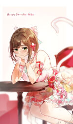 Rule 34 | 1girl, :3, bare shoulders, bell, blurry, blush, bow, braid, breasts, brown hair, cat tail, character name, cho-to, choker, cleavage, closed mouth, collarbone, detached sleeves, dress, elbows on table, fake tail, floral print, frilled choker, frilled skirt, frilled sleeves, frills, gloves, green eyes, hair bow, hair ribbon, hands up, happy birthday, head rest, highres, idolmaster, idolmaster cinderella girls, idolmaster cinderella girls starlight stage, jingle bell, lace, lace-trimmed dress, lace trim, large breasts, layered skirt, leaning forward, looking at viewer, maekawa miku, multicolored clothes, multicolored dress, neck bell, neck ribbon, on chair, pink ribbon, pom pom (clothes), print skirt, red ribbon, ribbon, ribbon-trimmed clothes, ribbon trim, short hair, sitting, skirt, sleeveless, sleeveless dress, smile, solo, table, tail, two-tone ribbon, white choker, white gloves