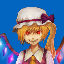 Rule 34 | 1girl, ascot, bad id, bad pixiv id, blonde hair, bow, close-up, disriv, embodiment of scarlet devil, fangs, female focus, flandre scarlet, glowing, glowing eyes, grin, hat, hat bow, open mouth, red eyes, short hair, side ponytail, simple background, smile, solo, star-shaped pupils, star (symbol), symbol-shaped pupils, touhou, upper body, wings