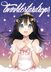 Rule 34 | 10s, 1girl, black hair, blue eyes, bow, dress, gradient hair, hair down, hair ornament, hands on own chest, kitashirakawa tamako, long hair, looking up, momose (oqo), multicolored hair, night, night sky, off-shoulder dress, off shoulder, open mouth, pink bow, sky, solo, star-shaped pupils, star (symbol), star hair ornament, symbol-shaped pupils, tamako market, tiara, white dress, wrist cuffs
