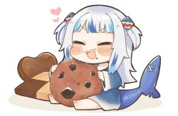 Rule 34 | 1girl, :d, barefoot, blue hair, blush, chibi, closed eyes, cookie, facing viewer, food, gawr gura, hair ornament, heart, highres, hololive, hololive english, multicolored hair, open mouth, oversized food, oversized object, same anko, sitting, smile, solo, virtual youtuber