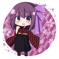 Rule 34 | 1girl, :d, black footwear, black hakama, boots, brown hair, chibi, commentary request, floral background, full body, hair between eyes, hair ribbon, hakama, hakama skirt, hand up, highres, japanese clothes, kimono, long sleeves, looking at viewer, open mouth, original, print kimono, purple eyes, purple ribbon, rensei, ribbon, shaded face, skirt, sleeves past wrists, smile, solo, standing, white background, wide sleeves, yagasuri