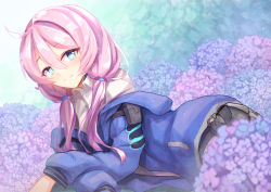 Rule 34 | 1girl, arknights, blue eyes, blue jacket, blue poison (arknights), crossed arms, dress shirt, flower, foliage, gradient background, hood, hoodie, horizontal pupils, jacket, long hair, long sleeves, looking at viewer, lying, on side, open collar, pink hair, pouch, shirt, smile, spica (starlitworks), twintails