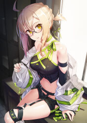 Rule 34 | 1girl, ahoge, artoria pendragon (fate), blonde hair, breasts, crop top, fate/grand order, fate (series), glasses, highres, jacket, medium breasts, midriff, mysterious idol x alter (fate), navel, nonderi, short shorts, shorts, sitting, sleeves past wrists, white jacket, yellow eyes