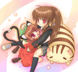 Rule 34 | 2girls, animal ears, brown hair, cat, cat ears, cat tail, chen, crossover, heart, heart tail, kotonoha (pixiv), little busters!, multiple girls, multiple tails, natsume rin, ponytail, red eyes, school uniform, tail, touhou