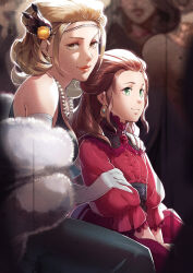 Rule 34 | 2girls, aged down, bare shoulders, breasts, brown eyes, brown hair, closed mouth, commentary, dorothea arnault, earrings, english commentary, feet out of frame, fire emblem, fire emblem: three houses, flat chest, floof n wool, green eyes, highres, jewelry, lipstick, long hair, long sleeves, looking at viewer, makeup, manuela casagranda, medium breasts, mole, mole under eye, multiple girls, necklace, nintendo, red lips, short hair, sitting, smile